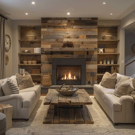 Accent Wall Bottom Half, Natural Wood Shiplap Wall Living Room, Living Room With Wood Accent Wall, Fireplace Ideas Wood Plank Walls, Wooden Wall Design Living Rooms, Wood Plank Accent Wall Living Room, Tv Wood Accent Wall, Rough Cut Lumber Walls, Natural Wood Accent Wall