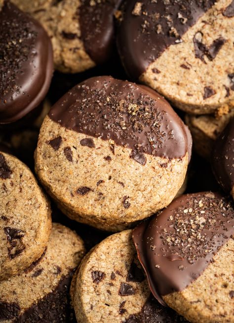 Chocolate Dipped Salted Espresso Shortbread Cookies Espresso Chocolate Shortbread Cookies, Sable Cookies Recipe, Holiday Cookie Box Ideas, Saffron Cookies, Espresso Shortbread Cookies, Bee Recipes, Espresso Shortbread, Espresso Cookies, Chocolate Dipped Cookies