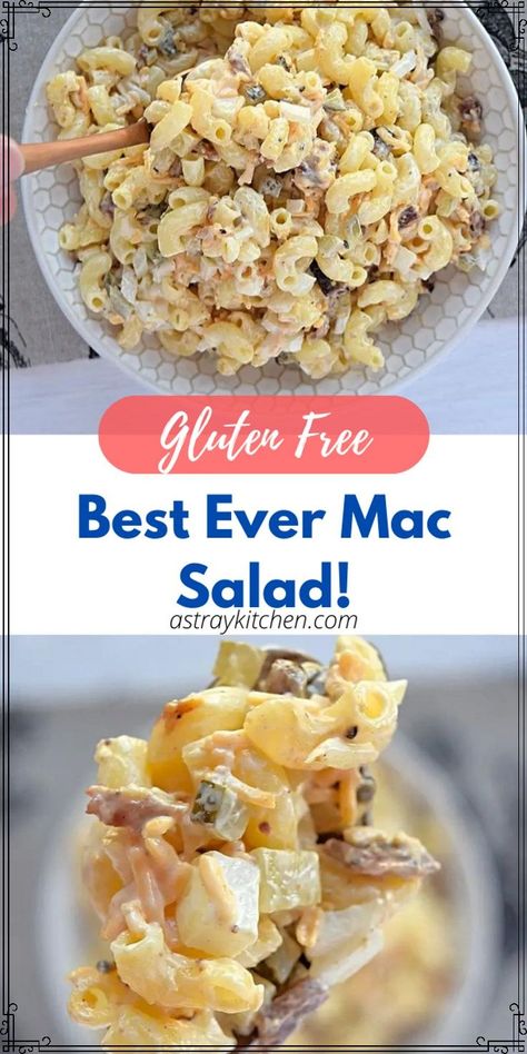 This Mac salad is a favorite at family parties and bbq's. Its creamy, with pickles, cheese, onion, and bacon to flavor each bite. This easy gluten free macaroni salad is so good, you'll never need another recipe! Gluten Free Macaroni Salad, How To Make Noodles, Mac Salad, At Family, Pickle Relish, Macaroni Salad, Bacon Cheddar, Gluten Free Pasta, Perfect Side Dish