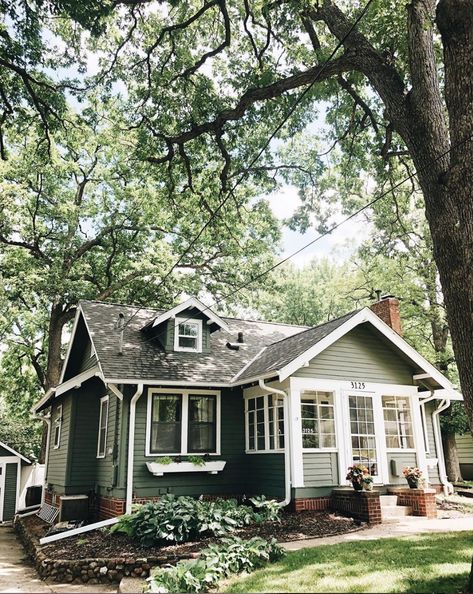 Small 1920s House, Small Green House Exterior, Small Simple Home Exterior, Cozy Small Home Exterior, Sage Green Craftsman Exterior, Small Craftsman Home Exterior, Suburban Home Interior Design, Quaint Home Exterior, Cozy Home Aesthetic Exterior