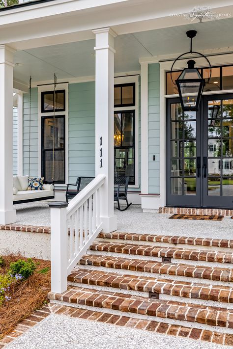 Nautical Home Exterior, Craftsman Coastal Exterior, Cottage Exterior With Porch, Coastal Front Porch Ideas Exterior, Front Porch Beach House, Coastal Siding Exterior, Small Coastal Homes Exterior, Coastal Farmhouse Porch, Coastal Beach House Exterior Colors