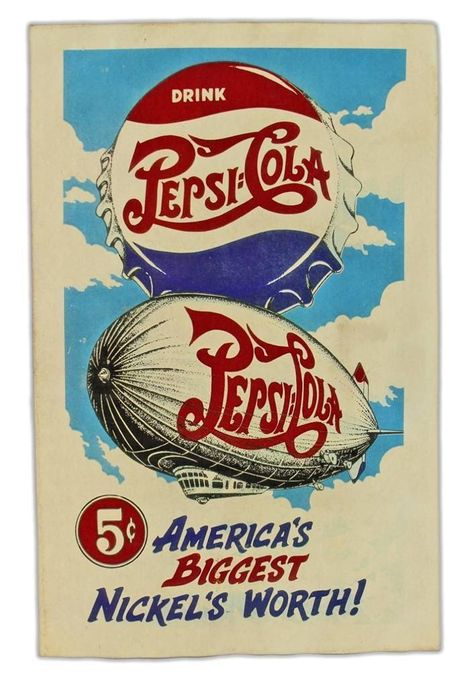 ORIGINAL 1940's PEPSI ~ COLA BLIMP Double Dot STORE SIGN BIGGEST NICKEL'S WORTH | #1798894383 Vintage Pepsi Ads, Pepsi Poster, Pepsi Vintage, Pepsi Ad, Vintage Advertising Art, Store Sign, Vintage Poster Design, Retro Advertising, Pepsi Cola