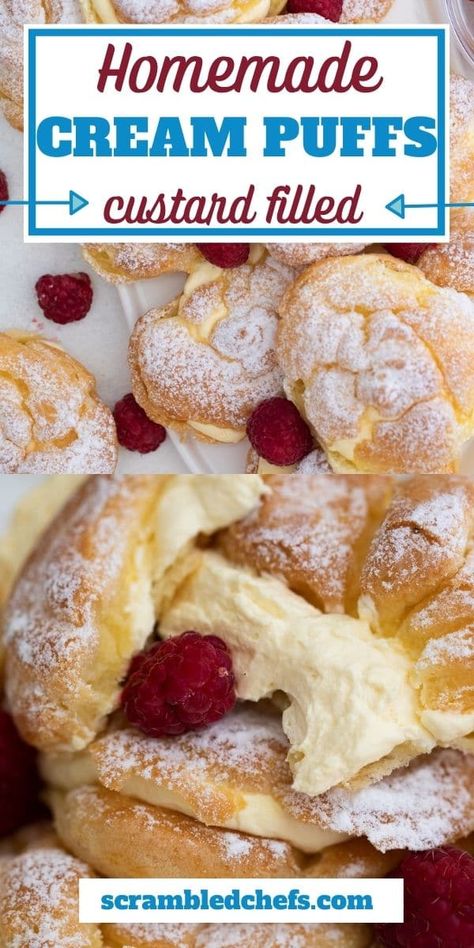 Whipped Custard, Sweet Puff Pastry Recipes, Cream Puff Pastry, Cream Puffs Recipe Easy, Puff Pastry Dessert, Cream Puffs Recipe, Homemade Cream Puffs, Cream Puffs Easy, Puff Pastry Recipes Dessert