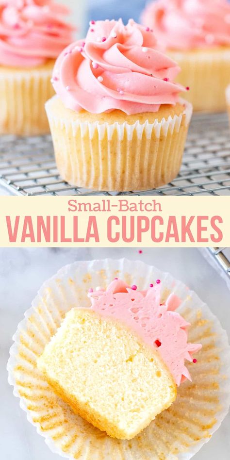 Small Batch Cake Recipe, Small Batch Vanilla Cupcakes, Vanilla Frosting For Cupcakes, Small Batch Cupcakes, Creamy Vanilla Frosting, Easy Vanilla Frosting, Easy Vanilla Cupcakes, Cupcakes Easy, Sprinkles Recipe