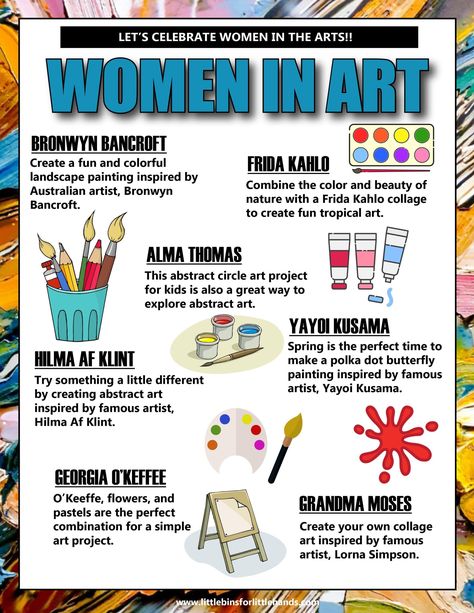 Female artists rule for International Women’s Day and every day! Let’s take a moment to honor the remarkable contributions of female artists throughout history. From trailblazers who defied societal norms to contemporary visionaries reshaping the art world, their impact resonates far and wide. Try out each of our famous female artist projects and follow in their steps of creativity! History Art Projects, International Artist Day, Circle Art Projects, 7 Elements Of Art, Women In Art, Faith Ringgold, Artist Project, Easy Science Experiments, Learn Watercolor