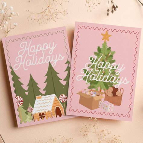 Happy Holidays Card Design, Happy Holidays Cards, Pink Christmas Cards, Gingerbread Christmas Tree, Christmas Card Illustration, Writing Thank You Cards, Happy Holiday Cards, Illustration Noel, My Best Friend's Birthday