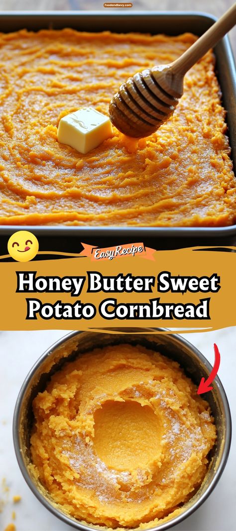 Elevate your comfort food game with Honey Butter Sweet Potato Cornbread. This unique recipe combines the natural sweetness of sweet potatoes with the rich, comforting taste of honey butter, resulting in a soft, flavorful cornbread that pairs perfectly with any meal. #SweetPotatoCornbread #ComfortFood #HoneyButter Cinnamon Honey Butter Sweet Potato Cornbread, Honey Butter Sweet Potato Cornbread, Sweet Potato Cornbread Recipes, Honey Butter Cornbread, Sweet Potato Cornbread, Sweet Potato Cookies, Cinnamon Honey Butter, Hearty Snacks, Sweet Potato Bread