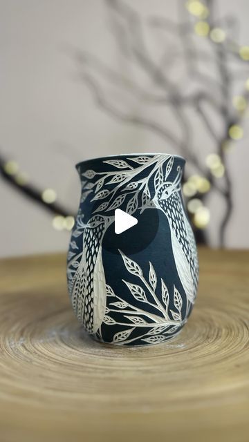 Ceramic Artist, Zahava Friedman on Instagram: "Wheel thrown ceramic mug with freehand sgraffito. Greenware (not yet fired), WIP. #sgraffitopottery #cerámicas #muglove #ceramicprocess #freehandartist #sgrafitto #handmademugs #handmadepots #clayaddict" Sgraffito Designs Pattern, Sgraffito Ceramics, Sgrafitto Ceramics, Wheel Thrown Ceramics, Sgraffito, Wheel Thrown, Ceramic Artists, Ceramic Mug, Wheel