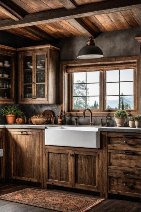 Charming rustic kitchen with farmhouse sink and wood cabinets Dark Wood Grain Kitchen Cabinets, Natural Wood Cupboards, Kitchen Rustic Cabinets, Rustic Industrial Farmhouse Decor, Natural Wood Kitchen Cabinets Rustic, Rustic Kitchen Color Ideas, Rustic Kitchen Cabinet Colors, Knotty Wood Kitchen Cabinets, Old Farmhouse Kitchen Rustic