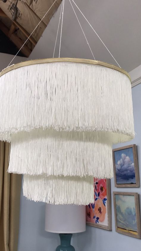 DIY Fringe Chandelier | From Scratch With Maria Provenzano Diy Fringe Chandelier, Ribbon Chandelier, Diy Fringe, Fringe Chandelier, Chandelier Diy, Diy Lampshade, Chandelier Ideas, Dollar Signs, Beaded Lampshade