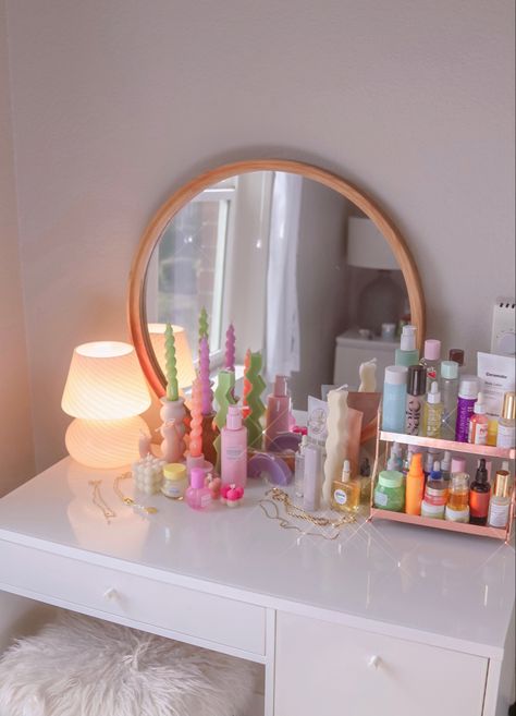 Vanity decor beauty room skincare haircare interior mirror shelfies shelf’s shelfie Pastel Vanity, Colorful Vanity, Vanity Aesthetic, Cute Vanity, College Bedroom Decor, Pastel Room, Glam Room, Old Room, Watermelon Juice