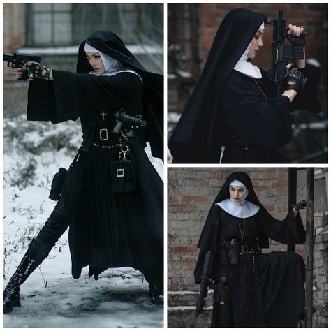 Nun Core Aesthetic, Nun Gunslinger, Battle Nun Character Design, Nun Assassin, Nun Outfit Drawing, Nun And Priest Costume, Nun Character Design, Battle Nun, Nun Painting