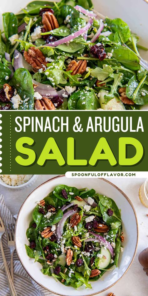 Spinach and arugula salad recipe is the best summer salad recipe! It is made with flavorful vegetables, topped with nuts and crumbled cheese. This side dish idea can go well with almost any main dish. Pin this spinach and arugula salad recipe now! Spinach And Arugula Salad, Honey Mustard Salad, Mustard Salad, Honey Mustard Salad Dressing, Pine Nuts Salad, Mustard Salad Dressing, Arugula Recipes, Arugula Salad Recipes, Salad Inspiration