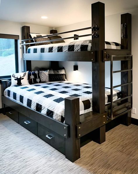 Twin Bed Bunk Bed, Steel Bunk Bed Ideas, Queen Bottom Bunk Bed, Bunk Bed Queen And Twin, Bunk Beds Queen And Twin, Queen Over Twin Bunk Bed, Bunk Bed Twin Over Queen, Twin Over Queen Bunk Bed Diy, Queen Bunk Bed Ideas