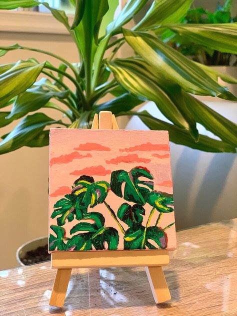 Small business owner & young artist. This painting is created from acrylic paint on a 3x3x1 in mini canvas with easel. Looking for small dorm room decor or cheap decor for the holiday seasons? Check out my etsy and indluge in the cuteness of these mini canvases! Mini Easel Painting Ideas, Mini Canvas Magnets, Mini Easel Painting, Hawaii Painting, Small Dorm Room, Small Dorm, Mini Canvases, Canvas Display, Mini Easel