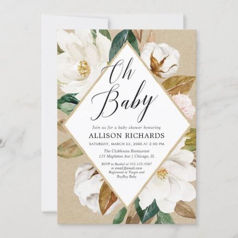 Oh baby rustic floral magnolia kraft baby shower for $2.95 - Baby Shower Invitations Cow Baby Shower Invitations, Cow Baby Showers, Rustic Baby Shower Invitations, Gender Neutral Baby Shower Invitations, Magnolia Baby, Boho Baby Shower Invitations, Green Baby Shower, Floral Greenery, Floral Baby Shower Invitations