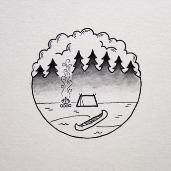 tattoo #fog #staywild instead of a canoe have a kayak or have a rucksack Adventure Drawing, Couple Tattoo, Outdoor Couple, Campfire, Ink Drawing, Drawing Ideas, Tent, Trees, Lake