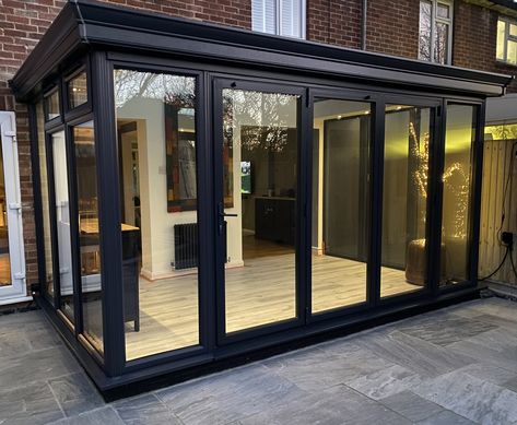 Glass Outdoor Room, Black Conservatory, Sunroom Dining Room, Sunroom Dining, Glass Porch, Conservatory Design, Potters House, Room Extensions, Porch Wall