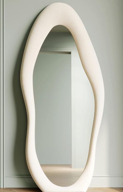 Mom House Decor, Length Mirror In Bedroom, Bedroom Ideas Baddie, Full Length Mirror In Bedroom, Blob Mirror, Leaning Against Wall, Dresser In Living Room, Blob Mirrors, Funky Bedroom