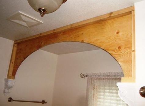 Wood Arch Above Bed, Round Arch Doorways, Diy Rounded Doorway, Faux Arched Doorway, Timber Archway, Arch Closet, Wood Archway, Foam Molding, Curved Curtain