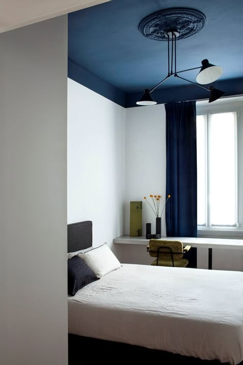 Gallery of Aria Hub - Milan / Italy / 2021 | Picture 8 | Blue Monochromatic Room, Dark Blue Ceiling, Blue Ceiling Bedroom, Blue Ceiling, Ceiling Paint, Blue Ceilings, Colored Ceiling, Bedroom Bliss, Social Housing