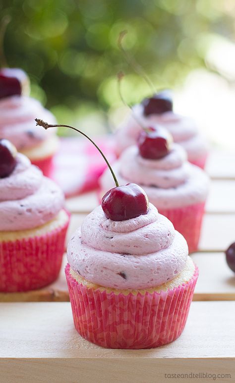 Almond Cupcakes with Fresh Cherry Frosting Cherry Frosting Recipe, Cherry Frosting, Almond Cupcakes, Taste And Tell, Fresh Cherry, Barbecue Ribs, Cupcakes Decorados, Lemon Cupcakes, Fresh Cherries