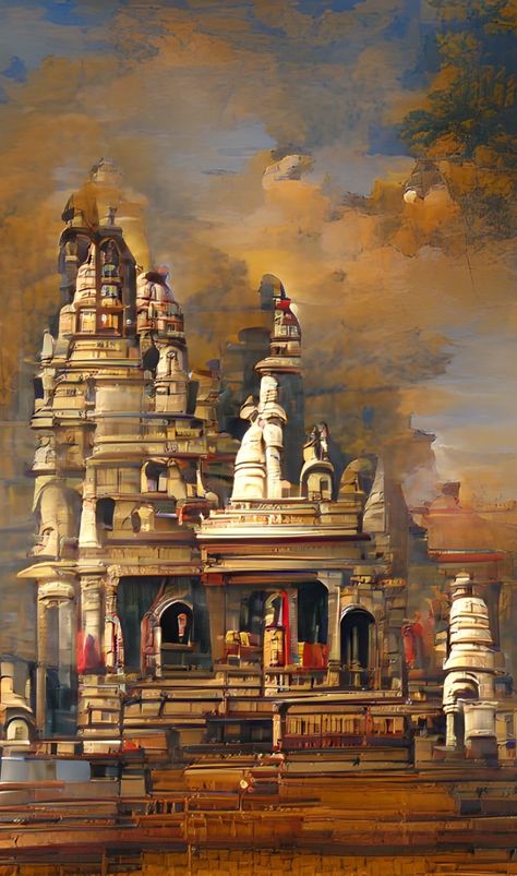 Temple Painting Indian, Ram Mandir Painting, Temple Art Indian, Carector Design, Mandir Painting, Rajasthan Painting, Ganga Ghat, Watercolor Indian, Indian Traditional Paintings