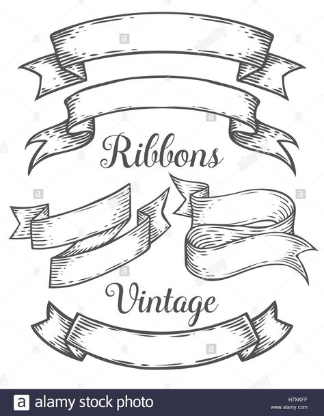 Ribbon retro vintage hand drawn illustration vector set. Sketch banners, old school style. For decoration, scrapbook and web, mo Stock Vector Banner Design Drawing, Tattoo Banner, Vintage Banner, Banner Drawing, Vintage Logos, Old School Style, Ribbon Banner, School Banner, Vintage Logo Design