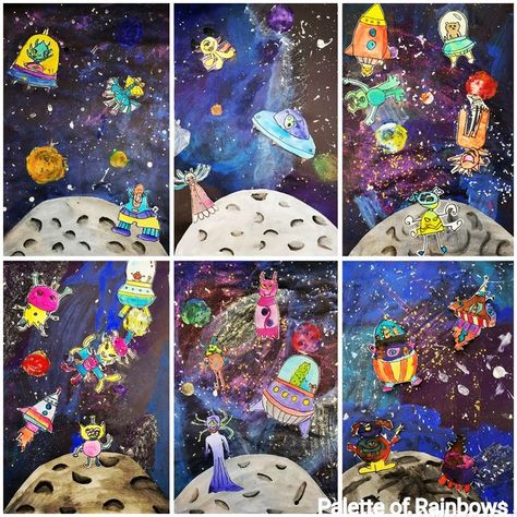 Alien Collage, Alien Painting, Space Art Projects, Primary School Art, Outer Space Art, Elementary Art Rooms, Space Unit, 4th Grade Art, The Aliens