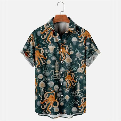 Men's Shirt Summer Hawaiian Shirt Graphic Prints Octopus Turndown Green Gray Street Casual Short Sleeves Button-Down Print Clothing Apparel Tropical Sports Streetwear Designer 2024 - $22.99 Male Tops, Mens Fashion Vintage, Mens Hawaiian Shirts, Blouse Styles, Primavera Estate, Jellyfish, Striped Shirt, Mens Summer, Shirt Online