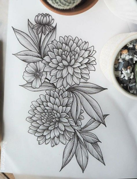 Shaded Chrysanthemum Tattoo, Floral Birth Month Tattoo, Chrisantemum Flower Tattoo Design, Crysanthiums Flower Tattoo, Flower For November Birth Tattoo, October Floral Tattoo, Two Chrysanthemum Tattoo, Flower Tattoos Dahlia, Dahlias Flower Tattoo