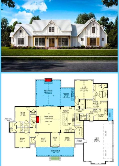 House Plans With Safe Room, Bonus Room Floor Plan, Barndo Plans, French Front Doors, Room Floor Plan, 4 Bedroom House Plans, Modern Farmhouse Living, Safe Room, Modern Farmhouse Plans