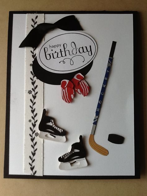 A hockey card my mother made for my son Danny for his birthday using stickers Hockey Themed Birthday Cards, Hockey Cards Birthday, Hockey Birthday Cards, Diy Birthday Card For Boyfriend, Ideas Birthday Card, Birthday Card For Men, Birthday Card For Dad, Card For Men, Handmade Greeting Card Designs