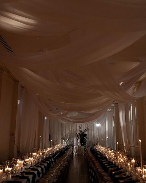 Venue Decorations Birthday, Drapes Wedding Reception, The Wed, Moody Wedding Ceremony, Draping Wedding Reception, Wedding Table Candles, Engagement Party Dinner, Wedding Personal Touches, Soft Romantic Wedding