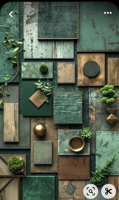 Green And Brass Color Palette, Black And Green Color Scheme, Green And Gold Mood Board, Earth Tones Mood Board, Green Branding Board, Green Mood Board, Interior Design Materials, Materials Board Interior Design, Materials Board