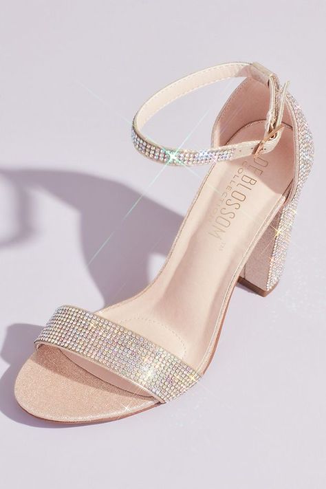 Crystal Block Heel Sandals with Shimmering Accents | David's Bridal Tshirt Quilt, Glitter Sandals, Crystal Shoes, Lace Straps, Block Heel Sandals, Block Heel Shoes, Embellished Sandals, Wedding Heels, Prom Shoes