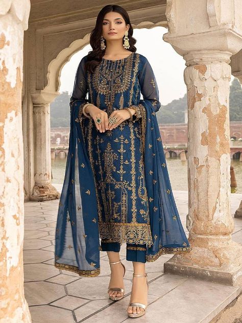 Festive Salwaar Kameez in blue colour made of semi-stitched georgette fabric. (1 Top / 1 Bottom / 1 Dupatta) Celana Fashion, Pakistani Suit, Pakistani Salwar Kameez, Embroidered Pants, Indian Suits, Salwar Kameez Designs, Indian Bollywood, Pakistani Suits, Shalwar Kameez