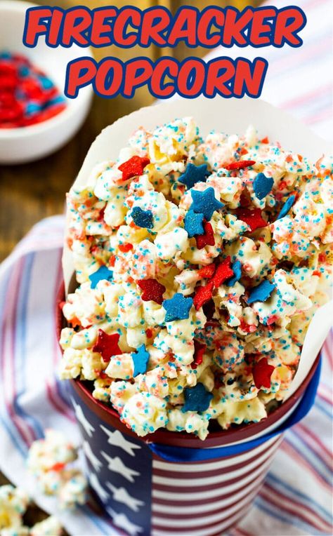 Firecracker Popcorn Firecracker Popcorn, Patriotic Popcorn, Easy Recipe For Kids, Memorial Day Celebration, Blue Popcorn, White Chocolate Popcorn, Patriotic Desserts, Recipe For Kids, Blue Desserts