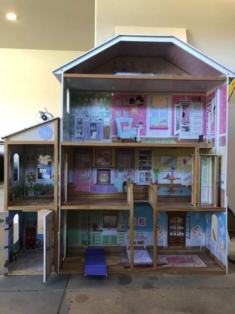 Barbie Doll House Renovation, Makeover Barbie House, Diy Barbie House Remodel, Diy Dollhouse From Cube Storage, Redo Doll House, Redo Barbie House Diy Dollhouse, How To Redo A Dollhouse, Wood Barbie House, Kidkraft Barbie House Makeover