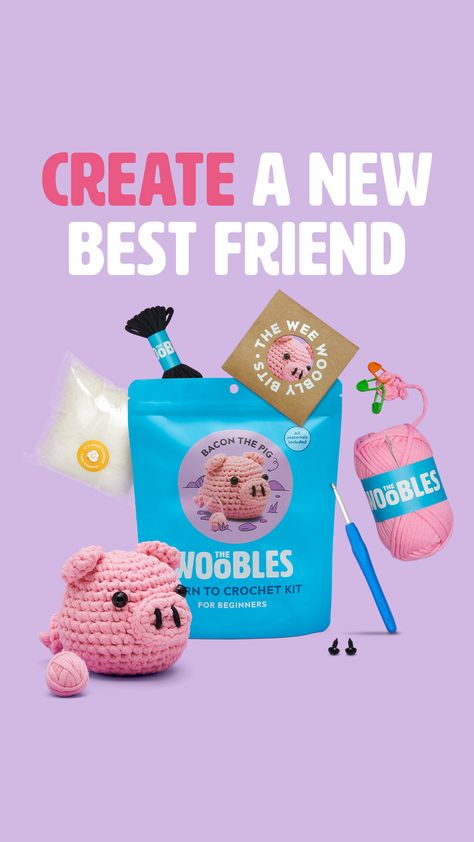 Crochet Your Best Friend: Meet Bacon the Pig! Wobbles Crochet, Pig Crochet, Ergonomic Crochet Hook, New Best Friend, Crochet Kit, Tapestry Needle, Learn To Crochet, Crochet For Beginners, Easy Peasy