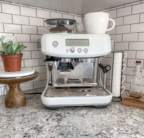 Breville Espresso Machine Station, Espresso Machine Coffee Bar, Espresso Machine Station, White Espresso Machine, Breville Barista Pro, Condo Living Room Decor, Barista Machine, Future Manifestation, Breville Espresso Machine