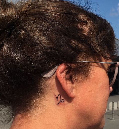 Capricorn Tattoo Neck, Capricorn Tattoo Behind The Ear, Capricorn Ear Tattoo, Capricorn Behind Ear Tattoo, Tiny Tattoos Behind Ear, Capricorn Sign Tattoo, Tattoos Behind Ear, Behind Ear Tattoos, Tattoo Behind Ear