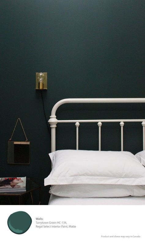 Tarrytown Green, Pantone Azul, White Bed Frame, Dark Walls, Green Interiors, Green Rooms, Bedroom Green, Bedroom Paint, Green Paint