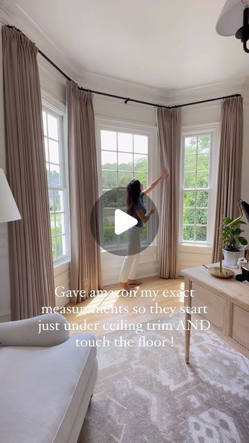 Christina Serrano on Instagram: "I have a feeling we all don’t agree but I feel strongly on this! ✨ Comment SEND DRAPES for links to these drapes and all my hardware I used!  ✨Switching gray out for a warm color of curtains made this room feel instantly updated!  INFO: ➡️ We used 4 curtain panels in the “gray beige” color; a pinch pleat header; a privacy liner (not very thick); 72” width x 108” length; and memory shaped. ➡️ For my bay window, I used 3 rods total (1 regular for the middle section, and 2 with wrap around ends), with a pair of “elbow connectors” in between. I do not need these drapes to close. ➡️ Shop the drapes by commenting SEND DRAPES, or heading to the link in my bio and tapping “Shop My Reels”!" Curtains Bedroom Bay Window, Curtain Before And After, Curved Window Treatments, Bay Window Curtain Ideas, 3 Window Curtains, Bay Window Curtain Rod, Bay Window Curtains, Window Nook, Ceiling Trim