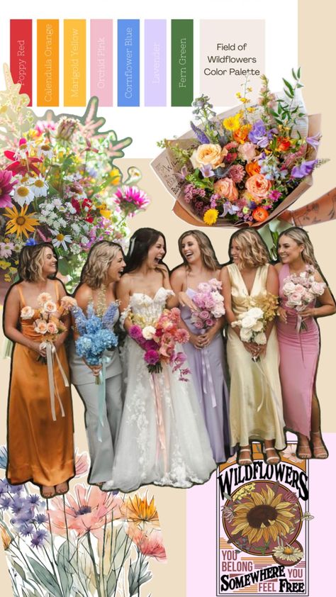 Wildflower Bridal Party, Wildflower Bridesmaid Dresses Color Schemes, Multicolor Bridal Party, Mismatched Bridesmaid Bouquets, Wildflower Wedding Theme Color Schemes, Wildflower Bridesmaids, Wildflower Bridesmaid Dresses, Wildflower Wedding Bridesmaids, Floral Bridesmaid Dresses Mismatched