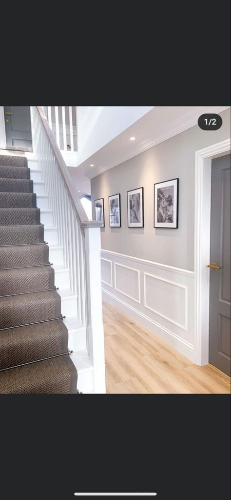 Grey Panelling Stairs, Grey White Hallway Ideas, Grey And White Hallway Ideas, Gray Hallway Ideas, Hall Stairs And Landing Decor, Grey And White Hallway, White Hallway Ideas, Victorian Terrace Hallway, Landing Decor