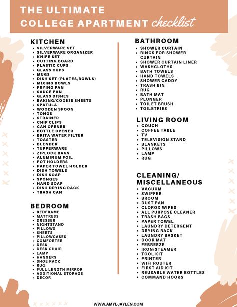 College Apartment Checklist, College Apartment Kitchen, First College Apartment, Apartment Necessities, First Apartment Tips, College Bedroom Apartment, First Apartment Essentials, New Home Checklist, First Apartment Checklist