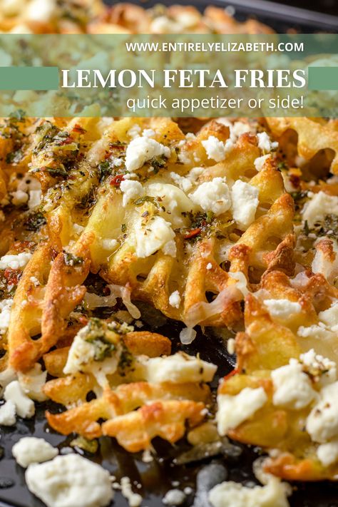 Feta Fries, Entirely Elizabeth, Lemon Herb Sauce, Crispy Waffle, Waffle Fries, Herb Sauce, Lemon Herb, Yummy Appetizers, Appetizer Snacks