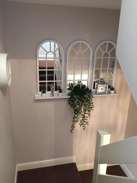 Upstairs Hallway Decorating, Plant Stairs, Arch Mirrors, Landing Ideas, Stairs Decor, Staircase Wall Decor, Kitchen Lighting Ideas, Kitchen Tour, Girly Apartment Decor