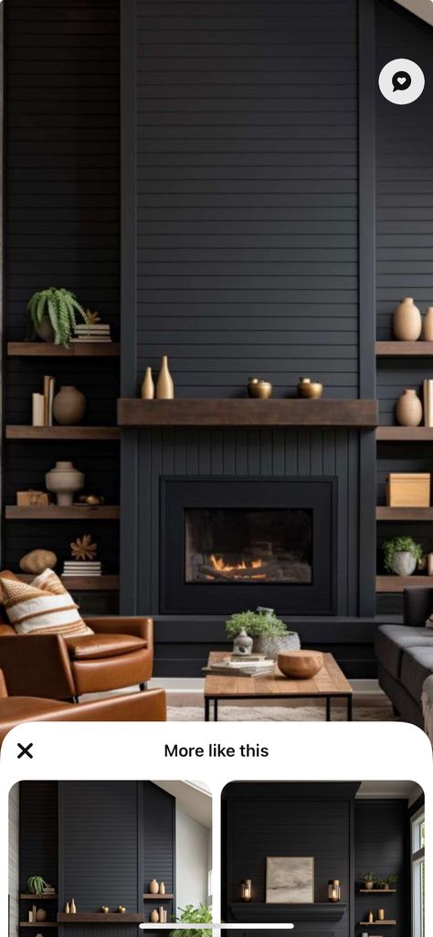 Black Accent Wall With Built Ins, Black Fireplace Wall, Dark Walls Living Room, Bedroom Bookshelves, Black Accent Walls, Black Fireplace, Dark Walls, Modern Beach House, Fireplace Wall